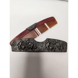Vintage 1940s Tortoise Comb W/ Repousse Silver Plated Village Scene Case 5"